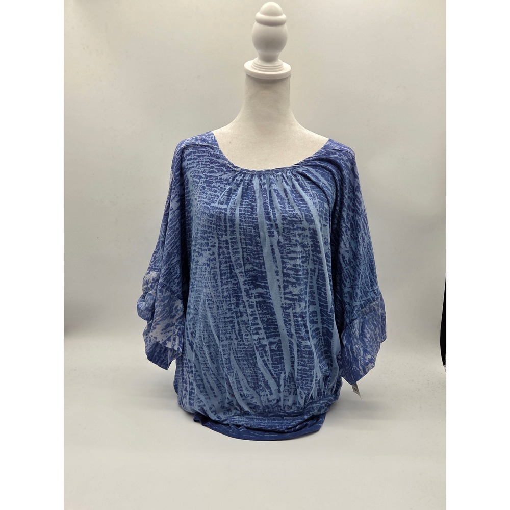 Language Los Angeles Women's S Blue Abstract Ruffle Sleeve Top NWT 101-313